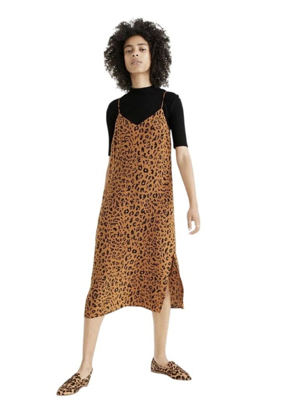 Madewell Eva Slip Dress Size 4 Sleeveless V-Neck Silk Side Slit Animal Print Tan